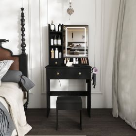 Modern small Vanity Desk ,featuring 3 modes of LED lighting with adjustable brightness, 3 drawers and multiple open storage shelves