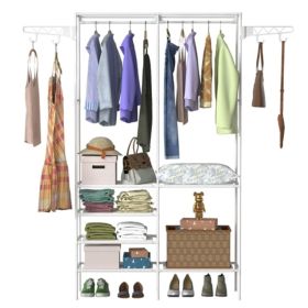 Metal Garment Rack Shoe Clothing Organizer Shelves Freestanding Multifunctional Clothes Wardrobe (Color: White)